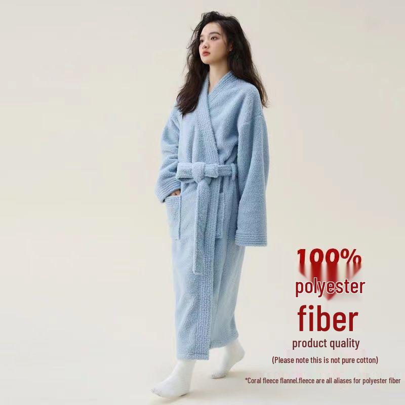 

Утепленный коралловый флисовый халат для осени и зимы - Мягкий, удлиненный для мужчин и женщин, теплая пижама для пары, не линяет. L for ~65kg, Length 120cm