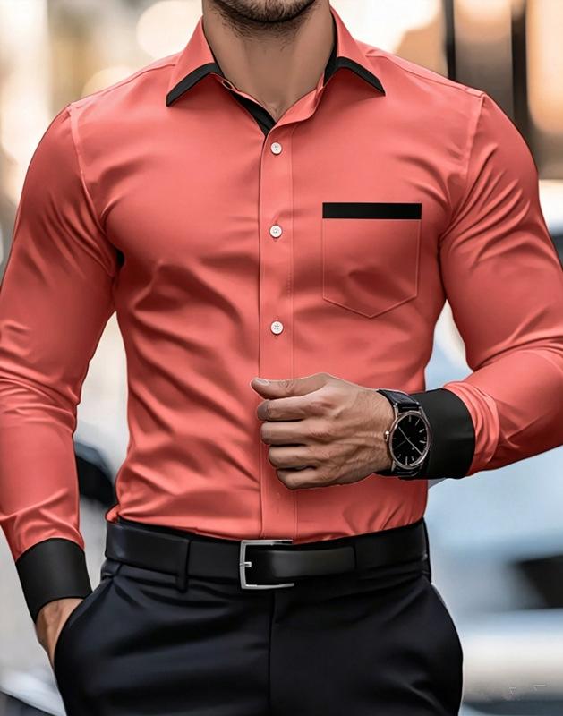 Men's Wrinkle Free Long Sleeve Shirt, Stretch Slim Fit Contrast Collar Luxury Commute Business Casual Shirt for Young Men
