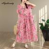 Prairie Chic Plus Size Summer Women Vintage Dress O Neck Pink Floral Print Oversized Gown Retro Short Sleeve Cotton Baggy Dress