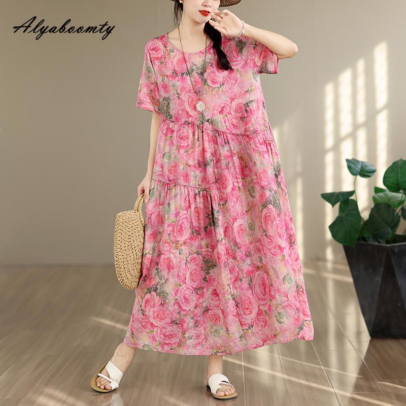 Prairie Chic Plus Size Summer Women Vintage Dress O Neck Pink Floral Print Oversized Gown Retro Short Sleeve Cotton Baggy Dress