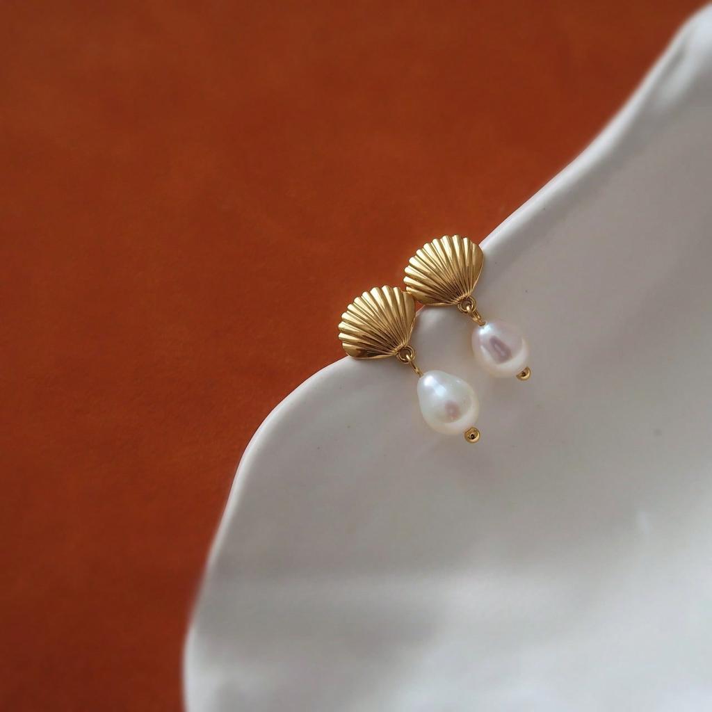 Simulation Pearl Stud Earrings, Fan Shape Earrings, Stainless Steel Exquisite Light Luxury French Earrings