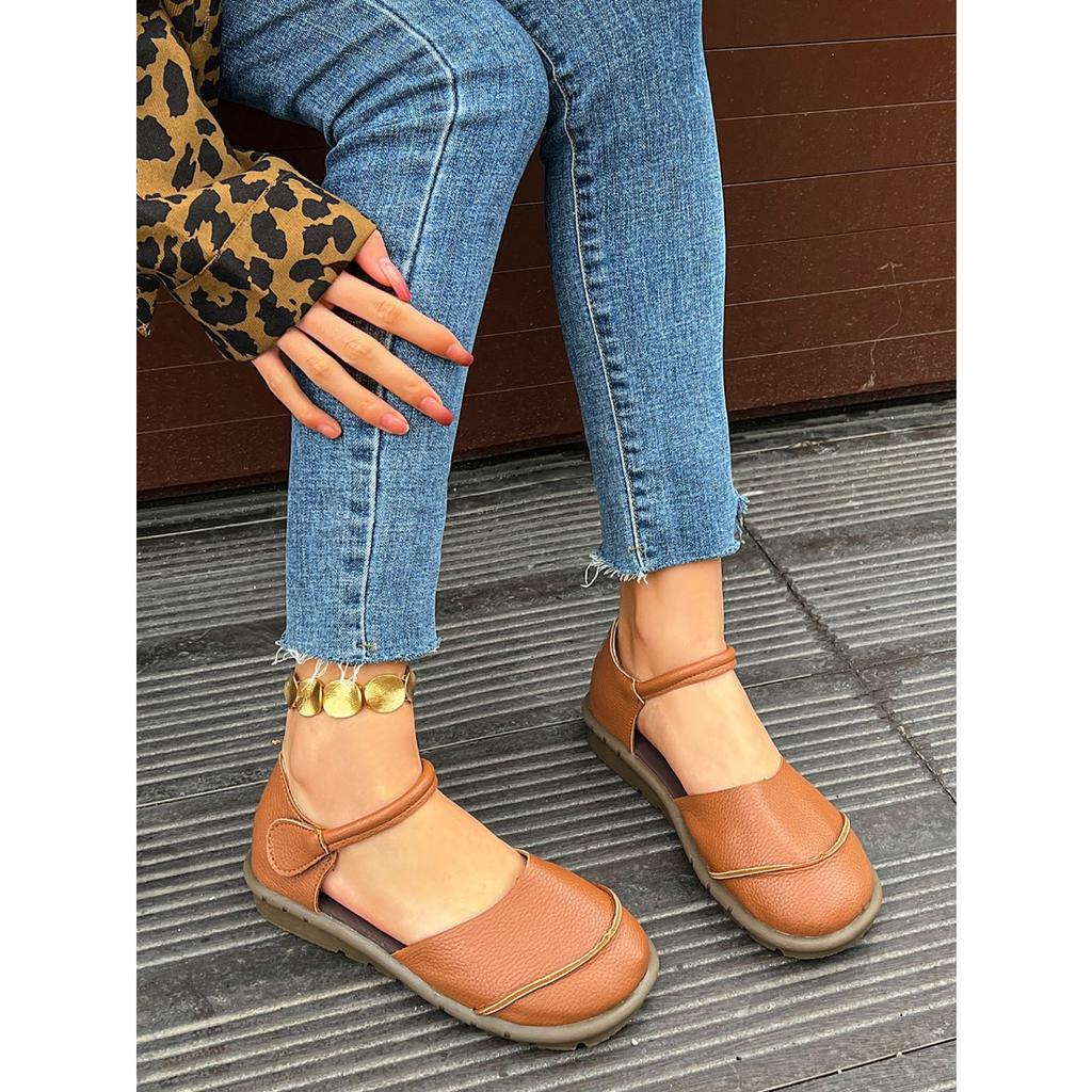 Sapatos Rasos Mary Jane Femininos de Dança com Renda, Fecho de Velcro Ajustável - Sapatos Casuais de Bico Redondo, Sapatos Solteiros Marrons Confortáveis para Todas as Estações, Vestuário Diário