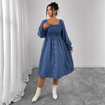 High-waisted Dress, Pleated Square Neck Button Long-sleeved Dress