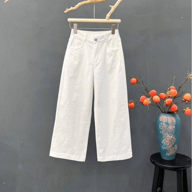 Fashionable Cropped Pants for Women Summer Thin High Waist Loose Straight Wide Legs
