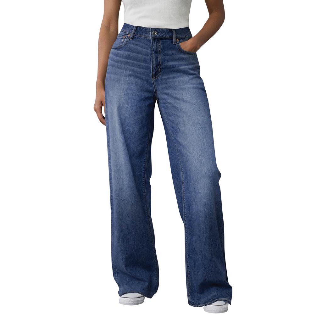 Womens High Waisted Jeans Stretchy Flared Straight Leg Loose Trendy Hem Denim Pants
