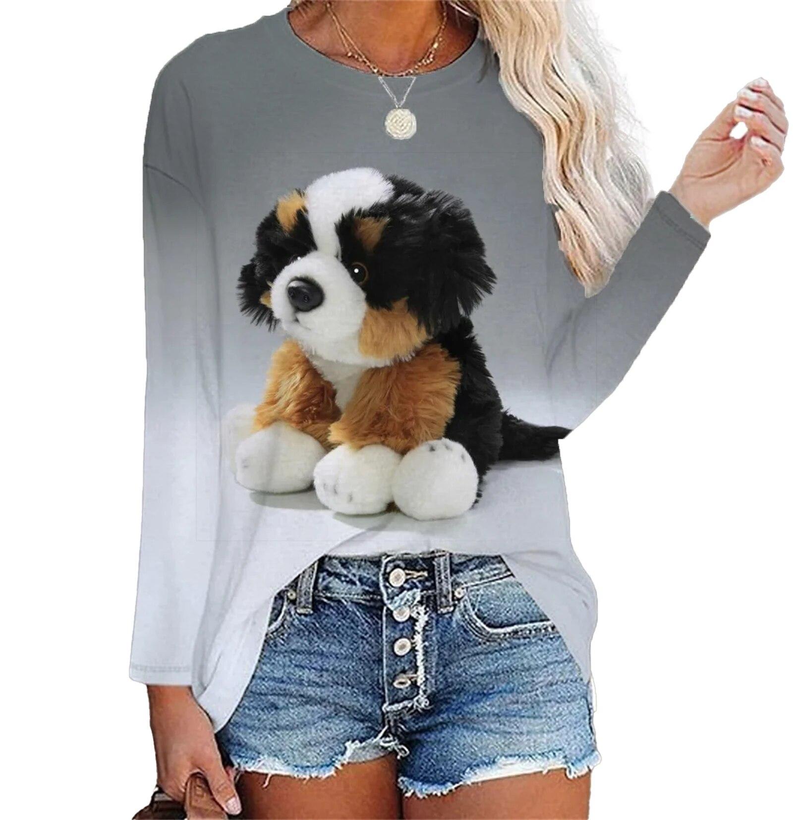 

Женская футболка Kawaii Dog с 3D принтом, повседневные футболки с длинными рукавами, одежда в стиле Харадзюку, блузка, женские свободные топы из сукна 8XL