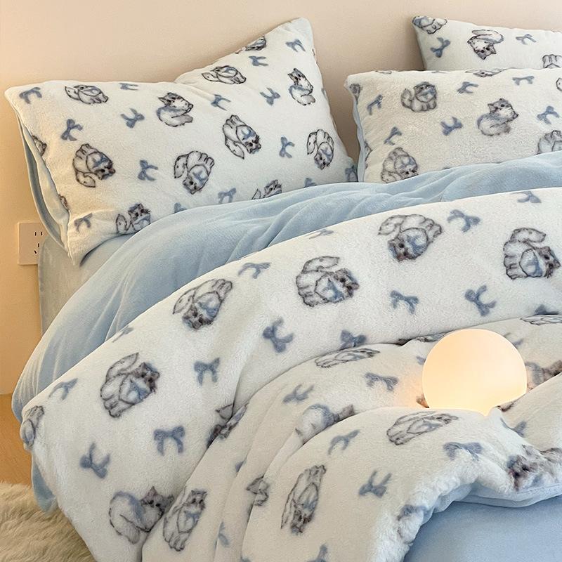 Rabbit Fleece Four-Piece Set, Thickened Milk Fleece Quilt Cover, Coral Fleece Bed Sheet Quilt Cover, Fleece Bedding