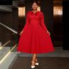 Plus Size Long Sleeve High Waist Red Dress, Crew Neck 3D Ruffle Pleated Wedding Party Evening Gown