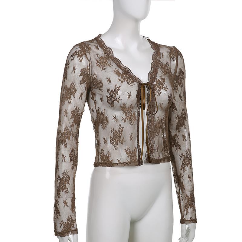 Lace Cardigan 2022 Summer Embroidery White Shirt Korean Clothes Beach Crochet Long Sleeve Top Women Ladies Sexy Blouse