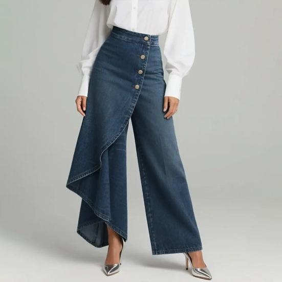 Flowy Jeans for Women High Waisted Asymmetrical Wrap Denim Pants Button Up Wide Leg