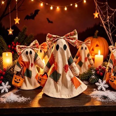 Halloween Fabric Ghost Figurine, Cute Bow-shaped Pumpkin Bucket Decoration, Creative Table Setting Accessory