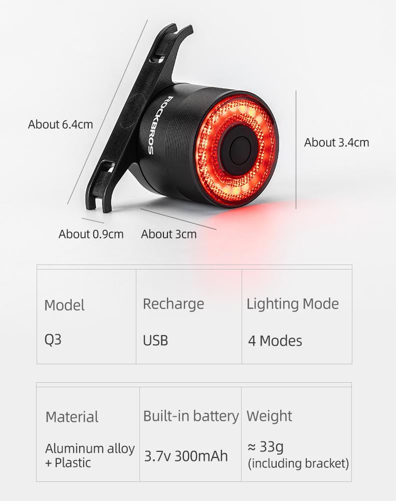 Red Rear Bicycle Lamp, STOP System, Four Operating Modes