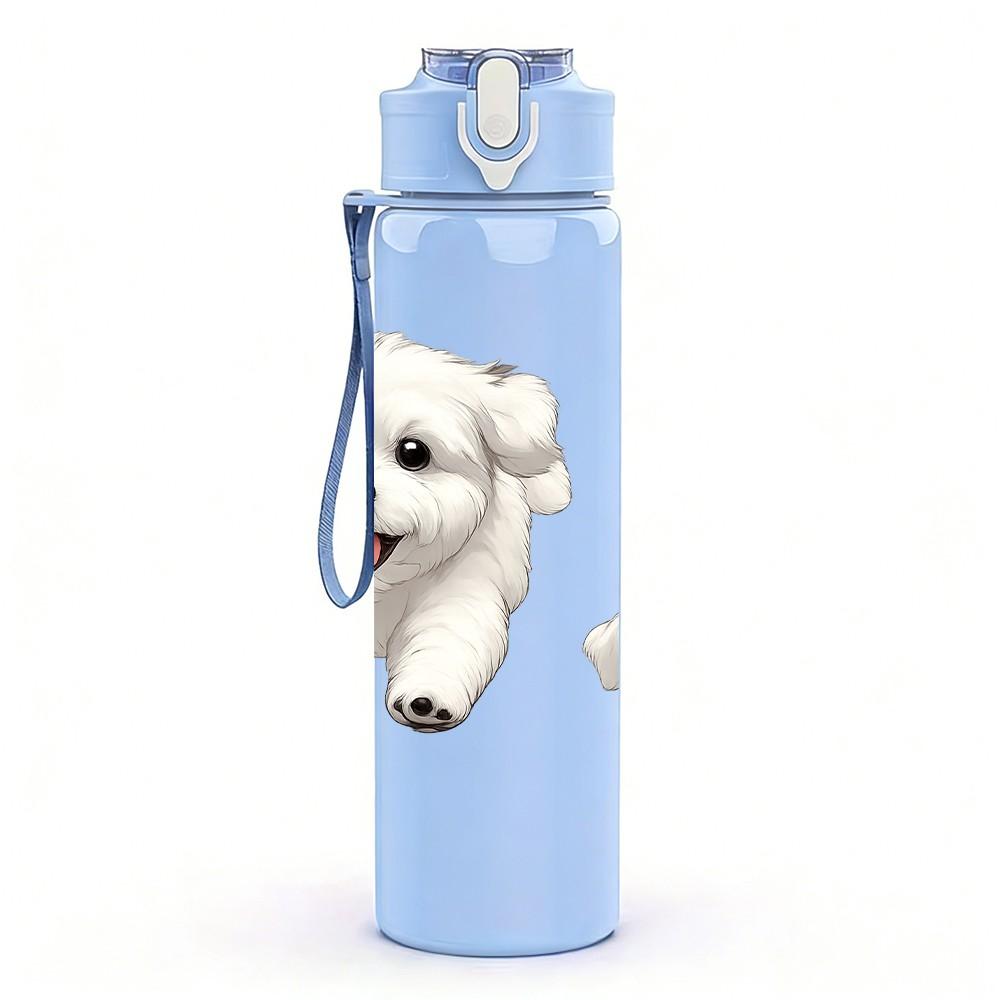 1PC Two White Puppy Dog 750ml Color Plastic Sports Water Bottle Leakproof Flip Straw Lid Suitable for Sports Office Home Use
