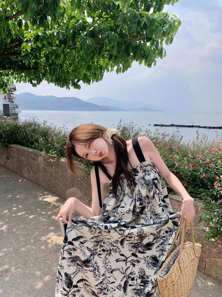 French Retro Ink Painting Slip Dress - Women's Summer 2025 High-End Beach Vacation Long Dress