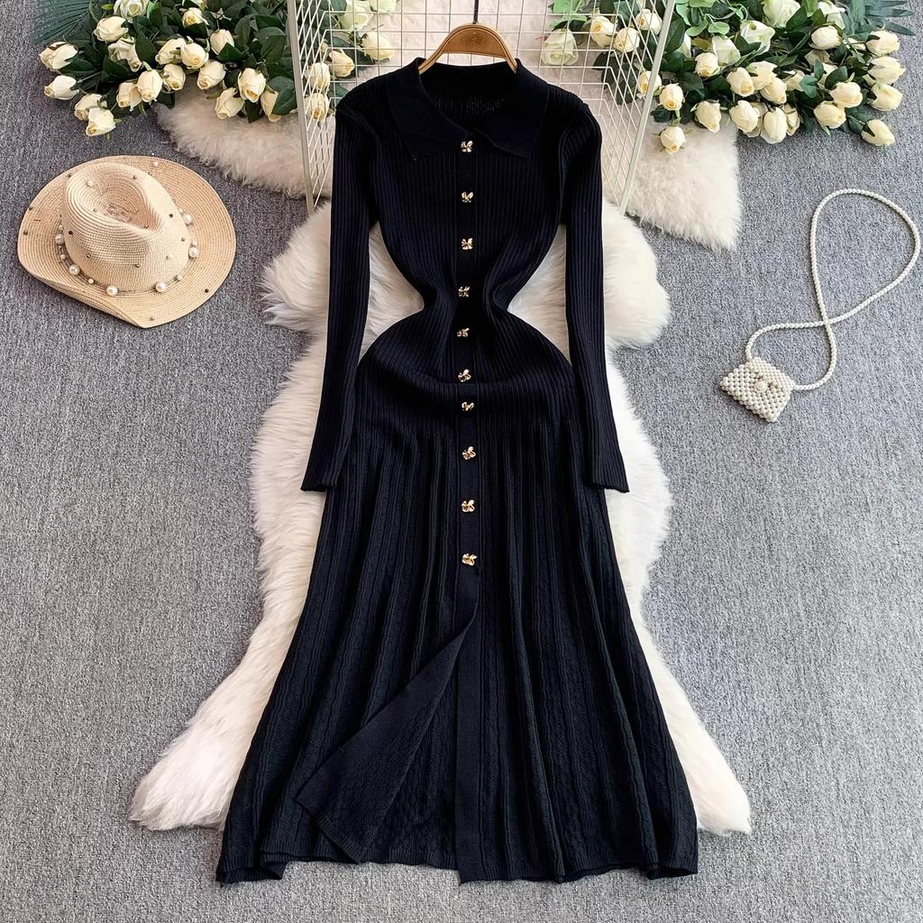 Women Dress Autumn Winter Vintage Turn-down Collar Long Sweater Dress Elegant Office Lady Dresses Chic Party Vestidos