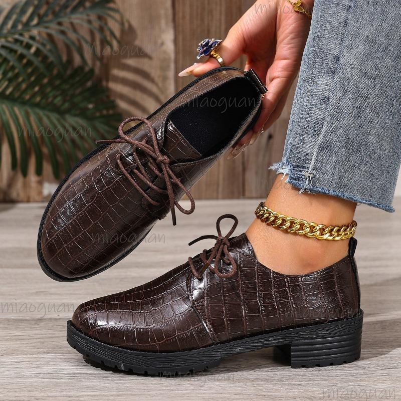 Retro Lace Up Low Top Shoes for Women Autumn 2025 New British Style PU Leather Size 36-43 Mid Heeled Loafers Zapatos De Mujer