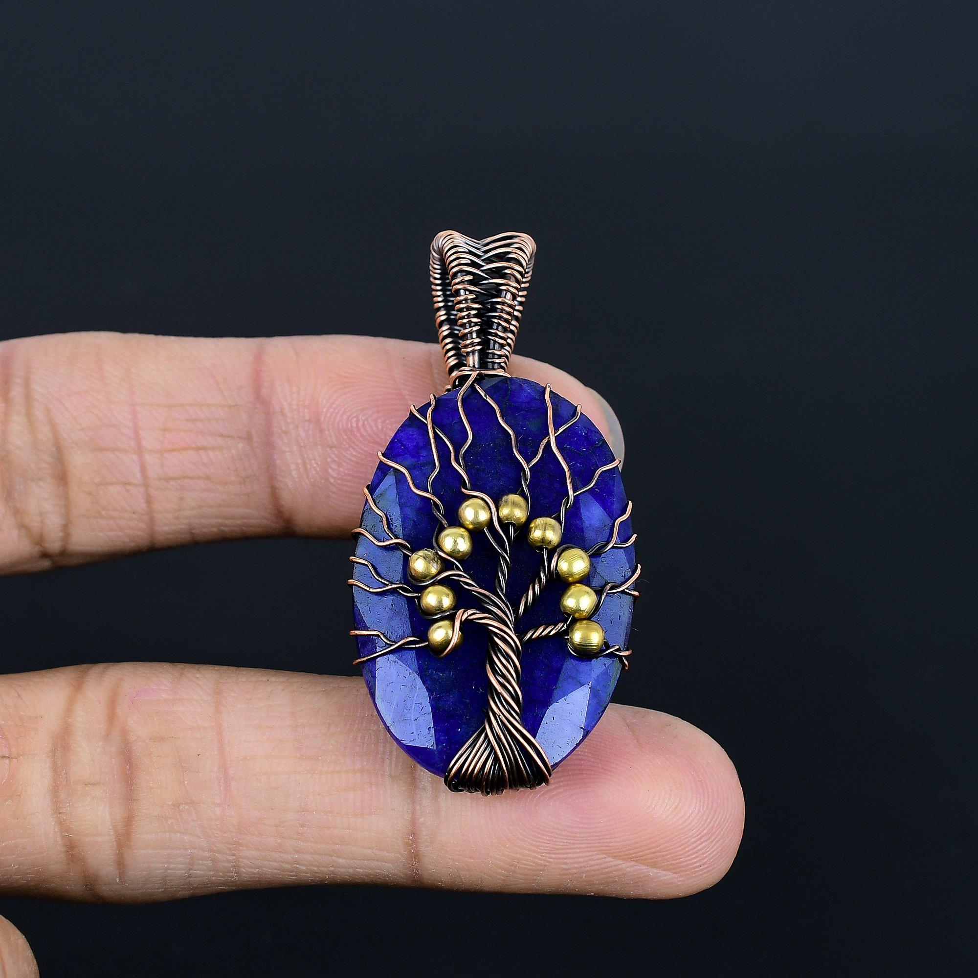 

Tree Of Life Blue Sapphire Pendant, Handmade Gemstone Pendant, 999 Copper Wire Wrapped Pendant Antique Jewelry, For Engagement Gift 2.08 Inches