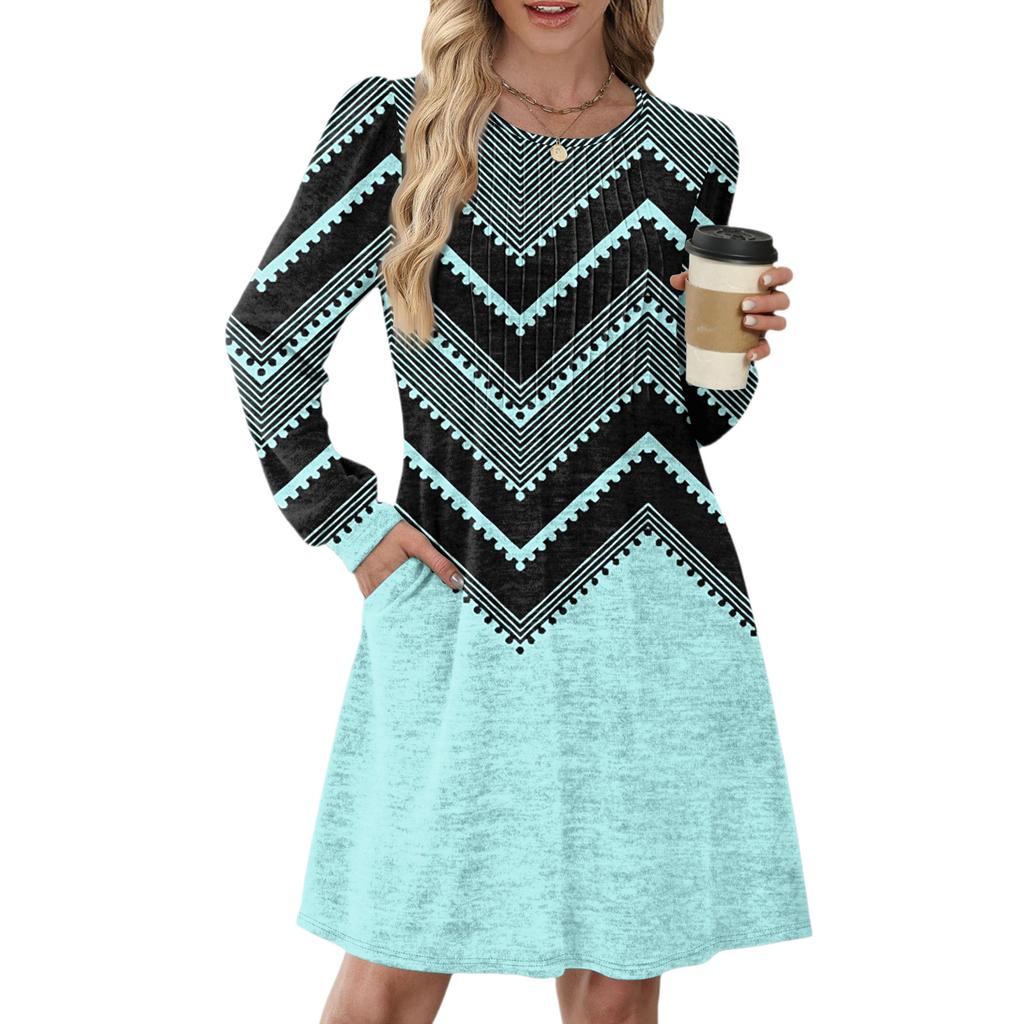 Women's Long Sleeve Pleated Round Neck Vintage Floral Print Casual Dress With Pockets