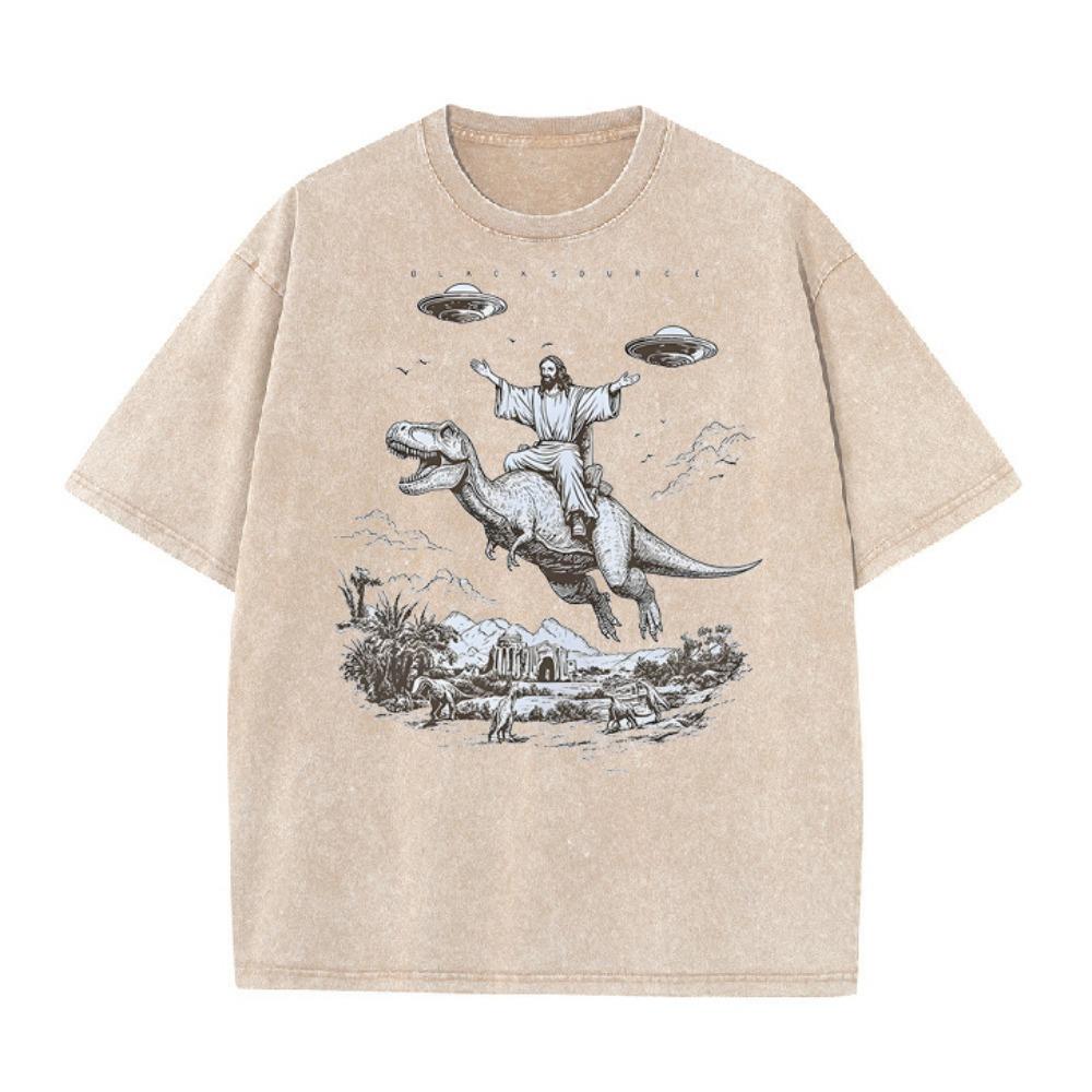 Vintage Washed Distressed T Shirt Cartoon Dinosaur Print Unisex Short Sleeve Tee Streetwear Student Vacation Tops