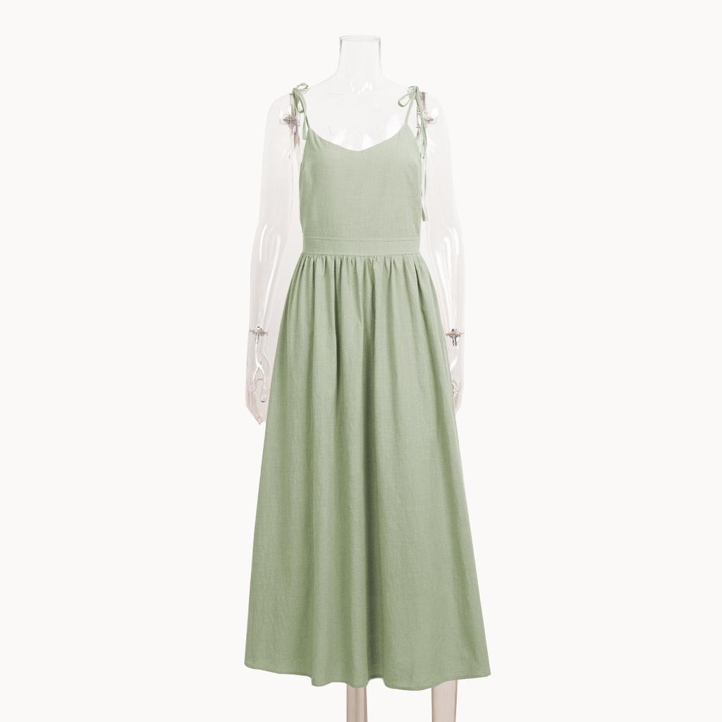 Spring New 100% Cotton V-neck Cami Dress, Women's Elegant Sexy Tie-back Open Back Dress, Cross-border European American Style