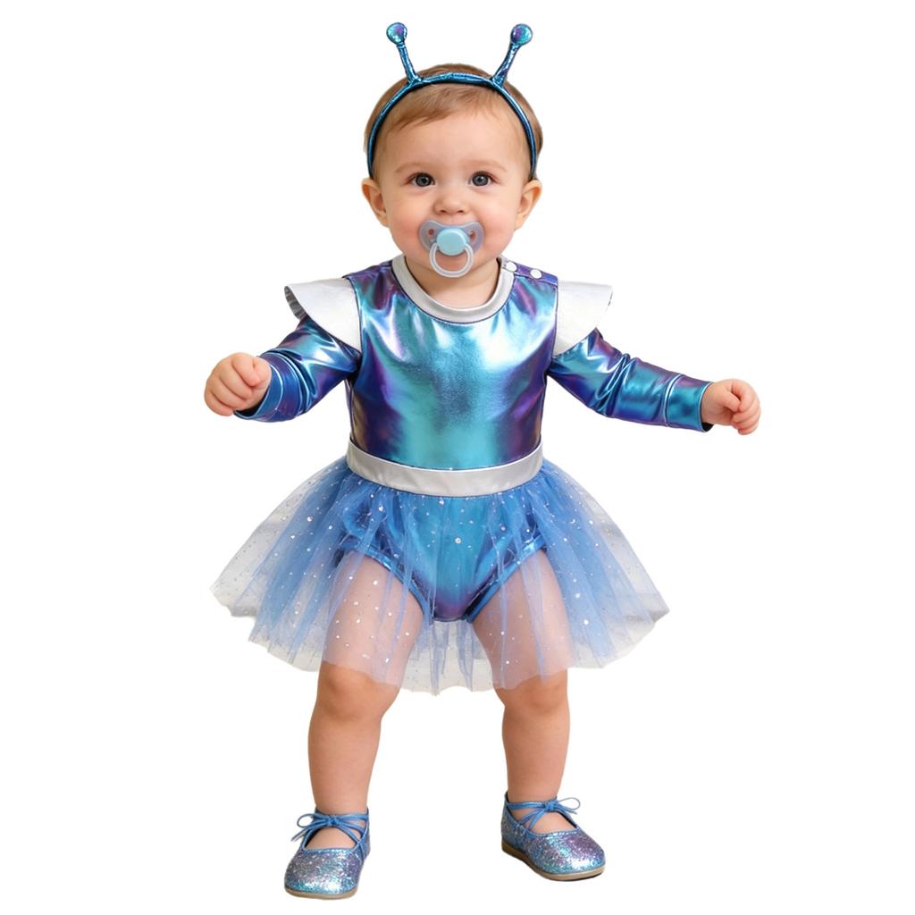 Dívčí Cosplay Šaty Mimozemšťan Dlouhý Rukáv Zapínání na Knoflíky v Rozkroku Flitrovaný Tyl Metalické Barevné Bloky s Čelenkou pro Tematickou Párty