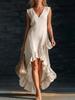 2026 European & American Romantic V-neck Sleeveless Ruffle Hem Cotton Linen Long Dress