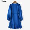 VONDA Women Autumn V-Neck Lantern Long Sleeve Dresses