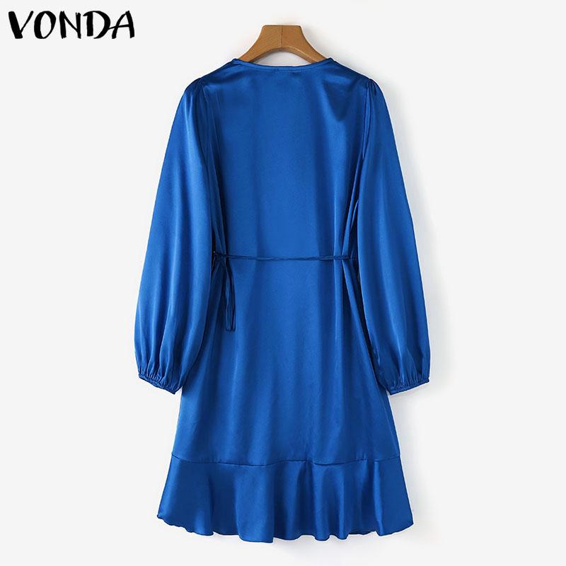 VONDA Women Autumn V-Neck Lantern Long Sleeve Dresses