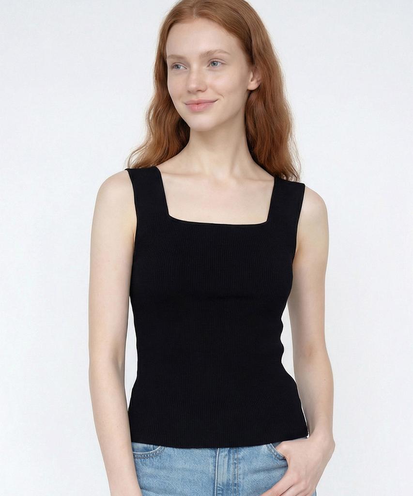 Seuneogeuyu Square Neck Ribbed Sleeveless Knit 4 Colors S M