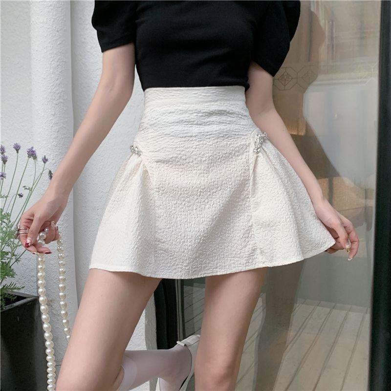 Black Short Skirt Asymmetric Rhinestone Embellished Summer High Waist Slimming Puff A-Line Midi Skirt