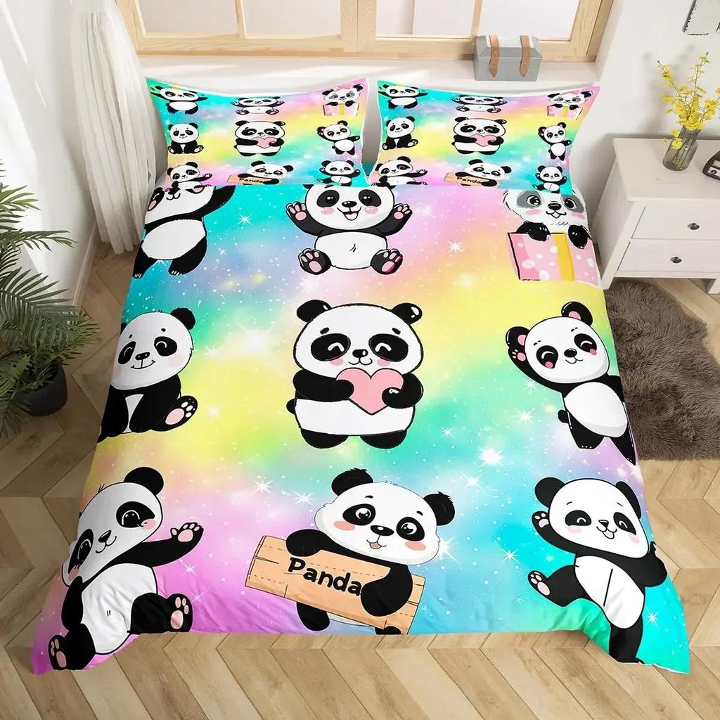 Panda Duvet Cover Cute Cartoon Animal Bedding Set Green Bamboo Print Comforter Cover Lovely Wild Animal Panda Bedspread Cover