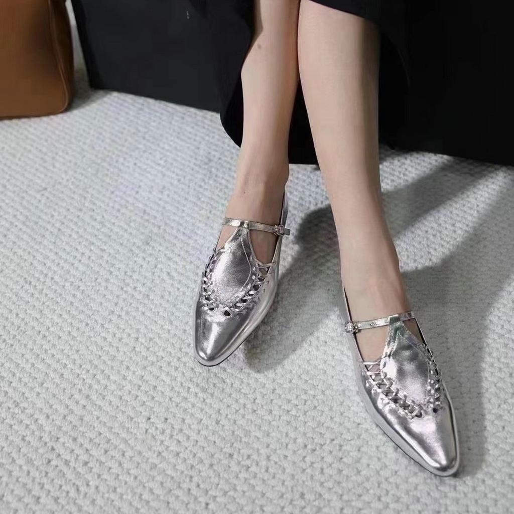 Fashion Fashion Flat Shoes Women's Spring Autumn New Pointed Toe Woven Silver Comfortable Women's Shoes Leather Flats Ladies Work Shoes