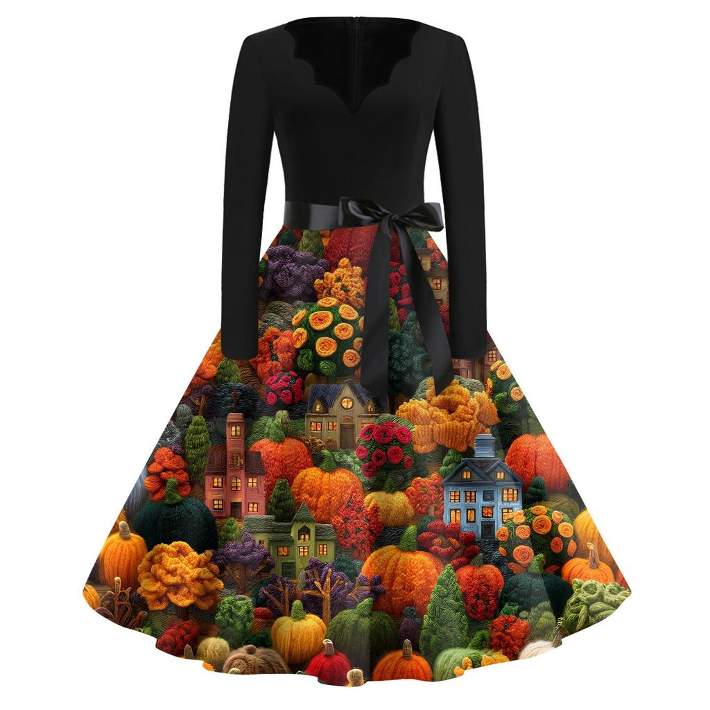 Halloween Print Flare Dress For Women Long Sleeve Dress Hollow Party Casual Dresses