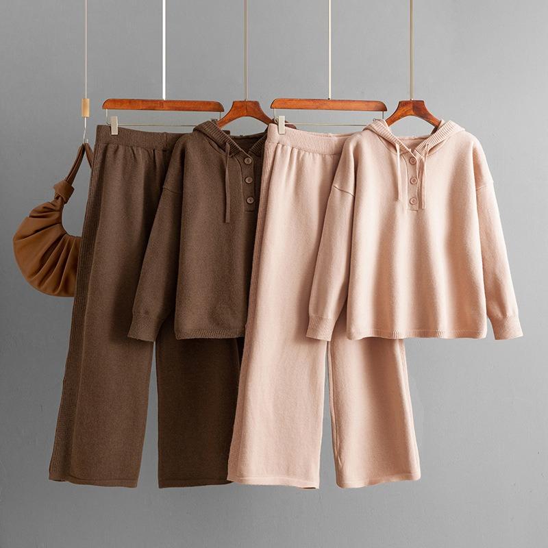 Knitted Suit Autumn and Winter New Hooded Loose Button Sweater + Wide-leg Pants Two-piece Set for Women
