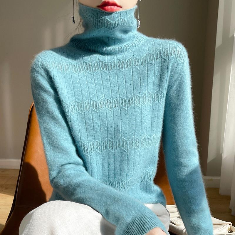 Women's 100% Pure Wool Rhinestone Turtleneck Sweater - Long Sleeve Jacquard Knit