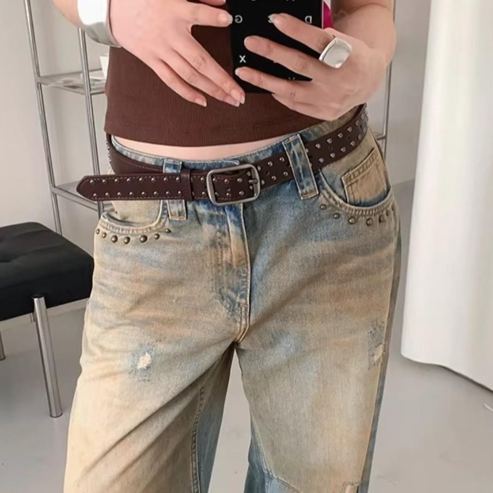 Pin Buckle Suede Belt Rivet Design Pin Buckle Belt Versatile Leather Belt  For Women