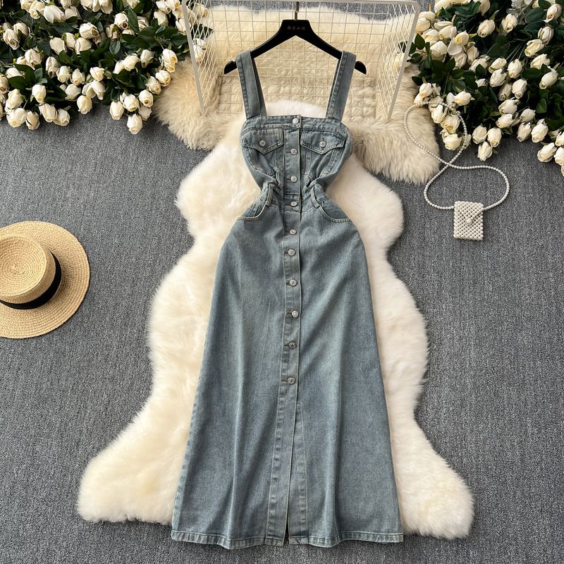 

Платье из денима на бретелях, женское, во французском стиле, ретро, вываренное, с потертостями, однобортное, приталенное, стройнящее, изящное и модное платье-сарафан Blue XL