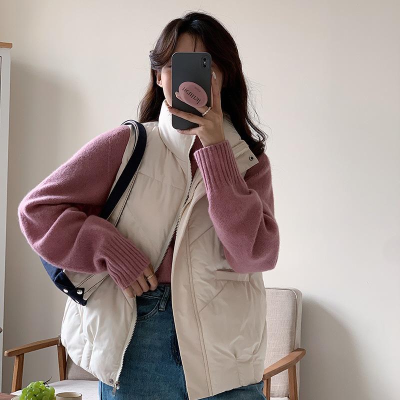 Loose Cotton Sleeveless Vest with Side Zipper for Women, Korean Style Solid Color Coat for Autumn and Winter