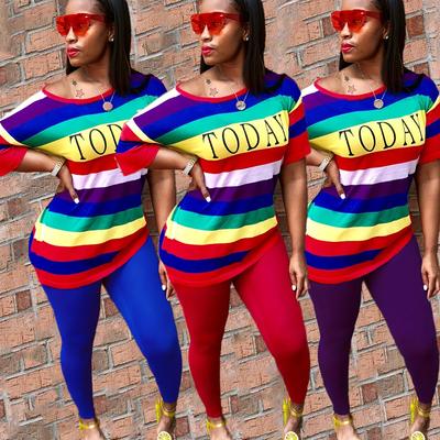 Herfstmode Sportieve Dames set Regenboog Gestreepte Letterprint T-shirt Skinny Potloodbroek Pak Tweedelig Set Elegant Trainingspak