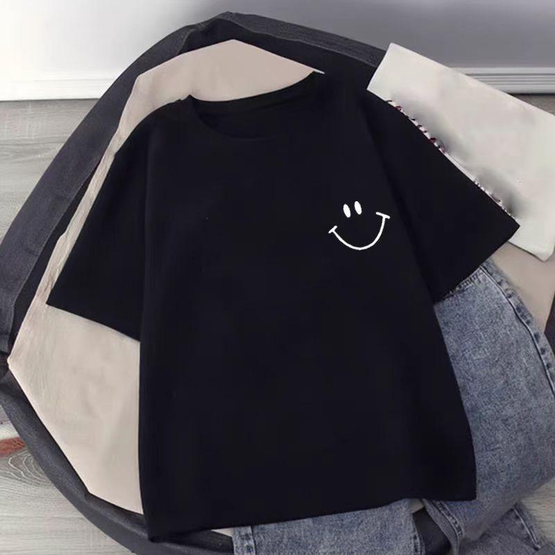 Smiling Face Print White T-shirt Summer 2025 New 100% Cotton Short Sleeve Tee Loose Casual Y2k Top Clothing