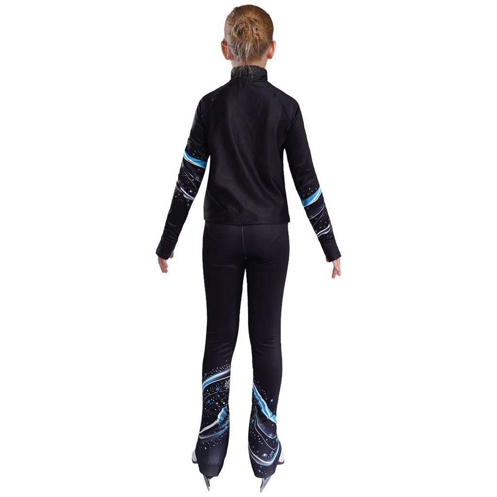 Girls Figure Skating Costume Long Sleeve Printed Sweatshirt Jacket Leggings Gymnastics Dance Practice