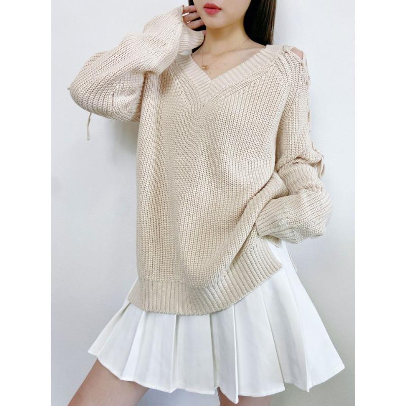 Autumn and Winter Women's Solid Color Strapless Long-sleeved Knit Sweater V-neck Pullover Breathable Loose Sweater Bottoming Shirt Fashion Tops