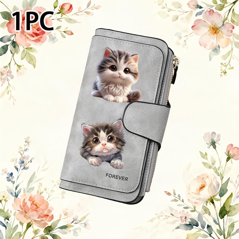 1PC Cute Cat Women's Long Wallet Multi-functional Wallet Portable Snap Button Coin Purse Ideal Gift for Cat Lovers Daily Commute Outdoor Travel Home