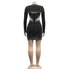 C6312 Fashion Women's Mesh Hot Drilling Solid Color Long Sleeve Short Skirt Dress