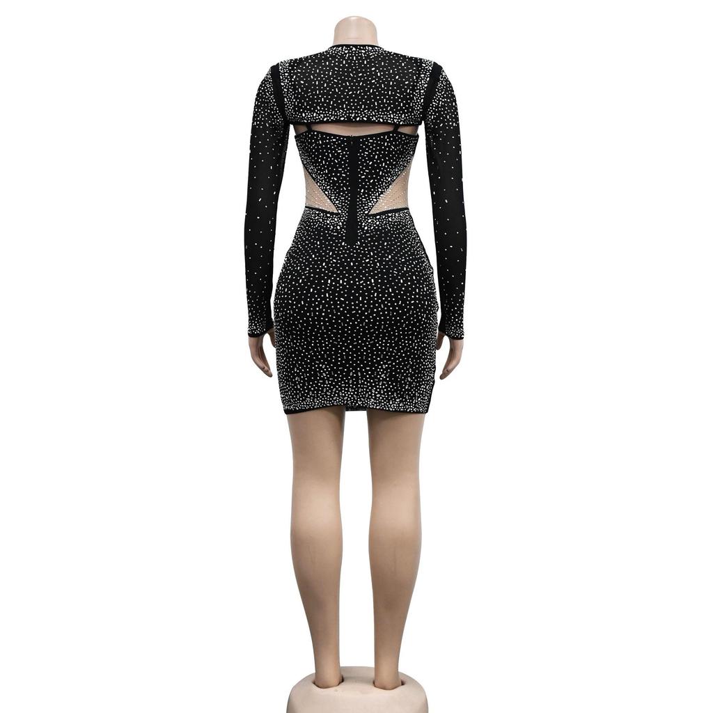 C6312 Fashion Women's Mesh Hot Drilling Solid Color Long Sleeve Short Skirt Dress