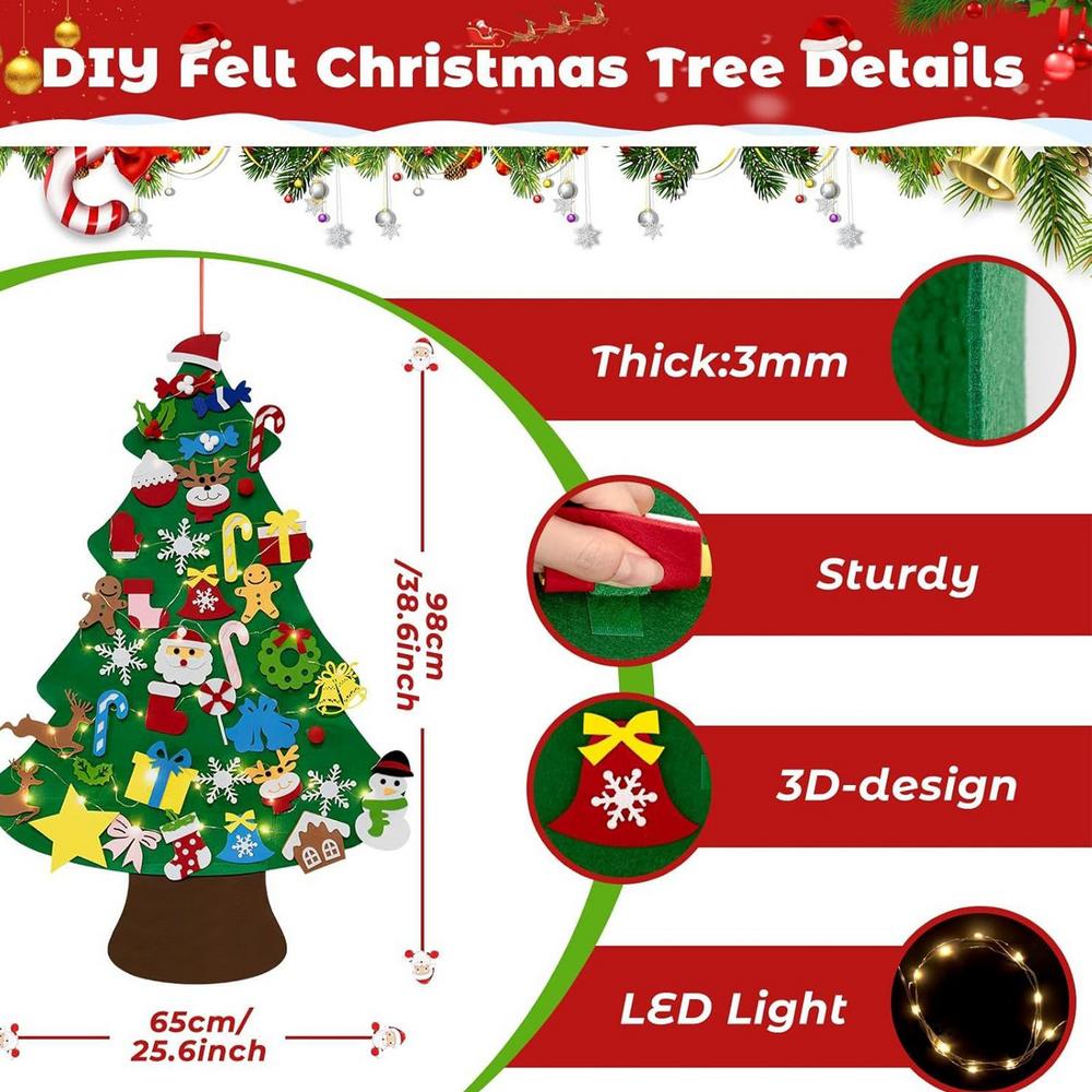 Felt Christmas Tree Set Children Activity Craft With String Lights Felt Christmas Tree With 40 Pieces Detachable Ornaments