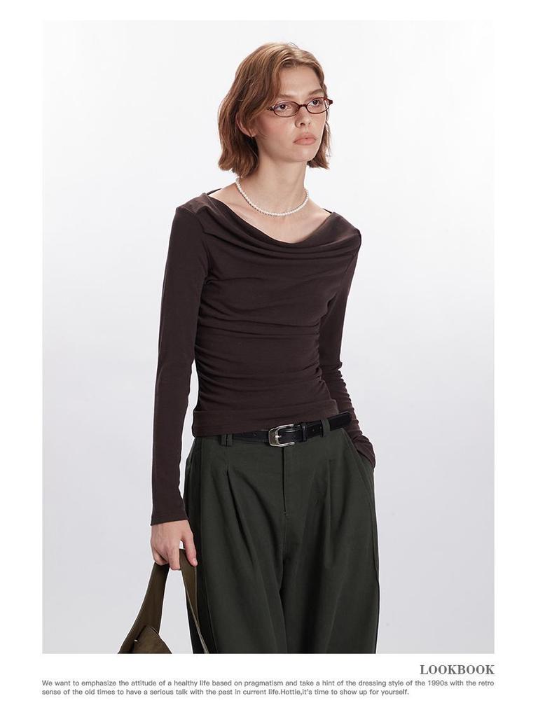 HeyHenry Herbst 2025 Wasserfallausschnitt Ein-Schulter-Top für Damen - Unregelmäßiges Design, Lange Ärmel, Kurzer Stil