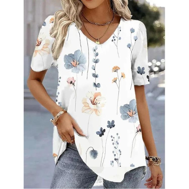 Women Casual Loose V-Neck Striped Funny Printed Summer T-Shirt Streetwear Pullover Tee Female Clothing Tops Women's Fashion