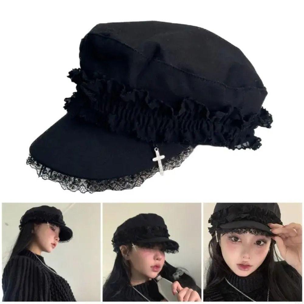 Millennium Lace Beret Caps Cool Black Outdoor Sun Hat Fashion Y2K Hat Girl  For Adult