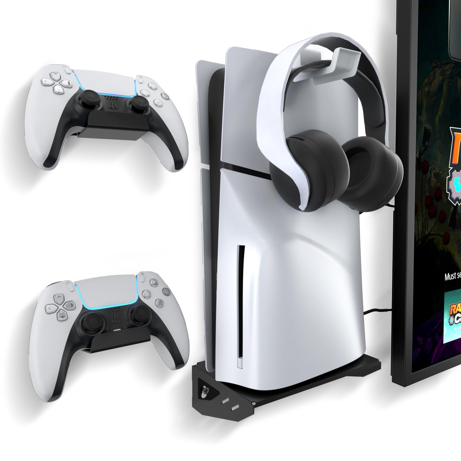 

Wall Mount Set for PS5 Slim Controller Holders Headphone Floating Reinforced Screw Compatible with Both Disc and Digital Versions (2 + Hook) - Design, чорний